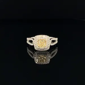 Fancy Yellow & White Diamond Radiant Double Halo Split Shank Ring in 18k Two Tone Gold - (#121-JR0577GH)