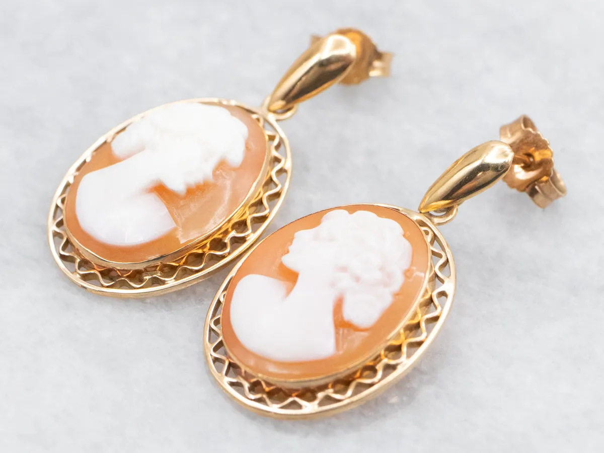 Feminine Cameo Gold Drop Earrings