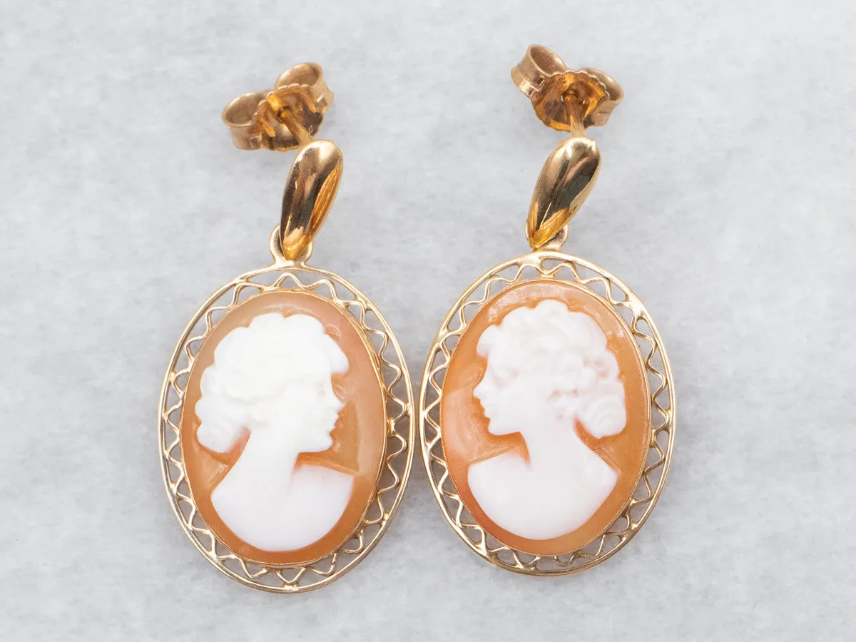 Feminine Cameo Gold Drop Earrings