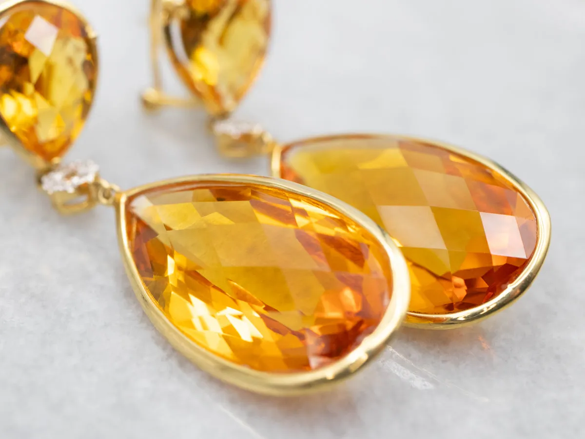 Gold Teardrop Citrine and Diamond Drop Earrings