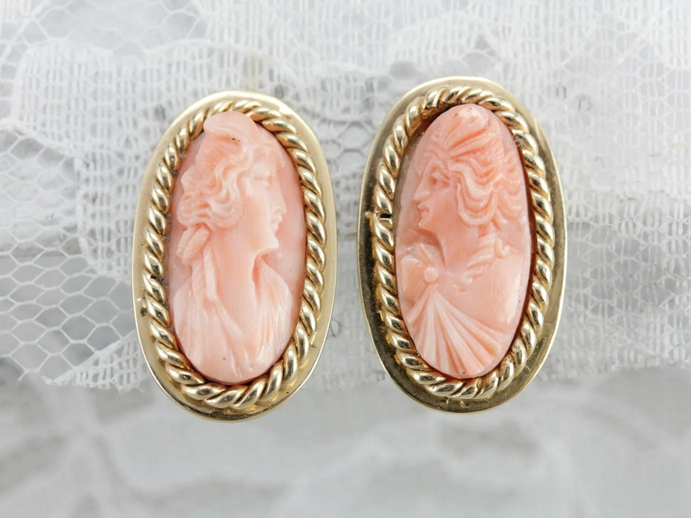 Gorgeous Carved Coral Cameo Earrings, Classic Yellow Gold Clip On Earrings