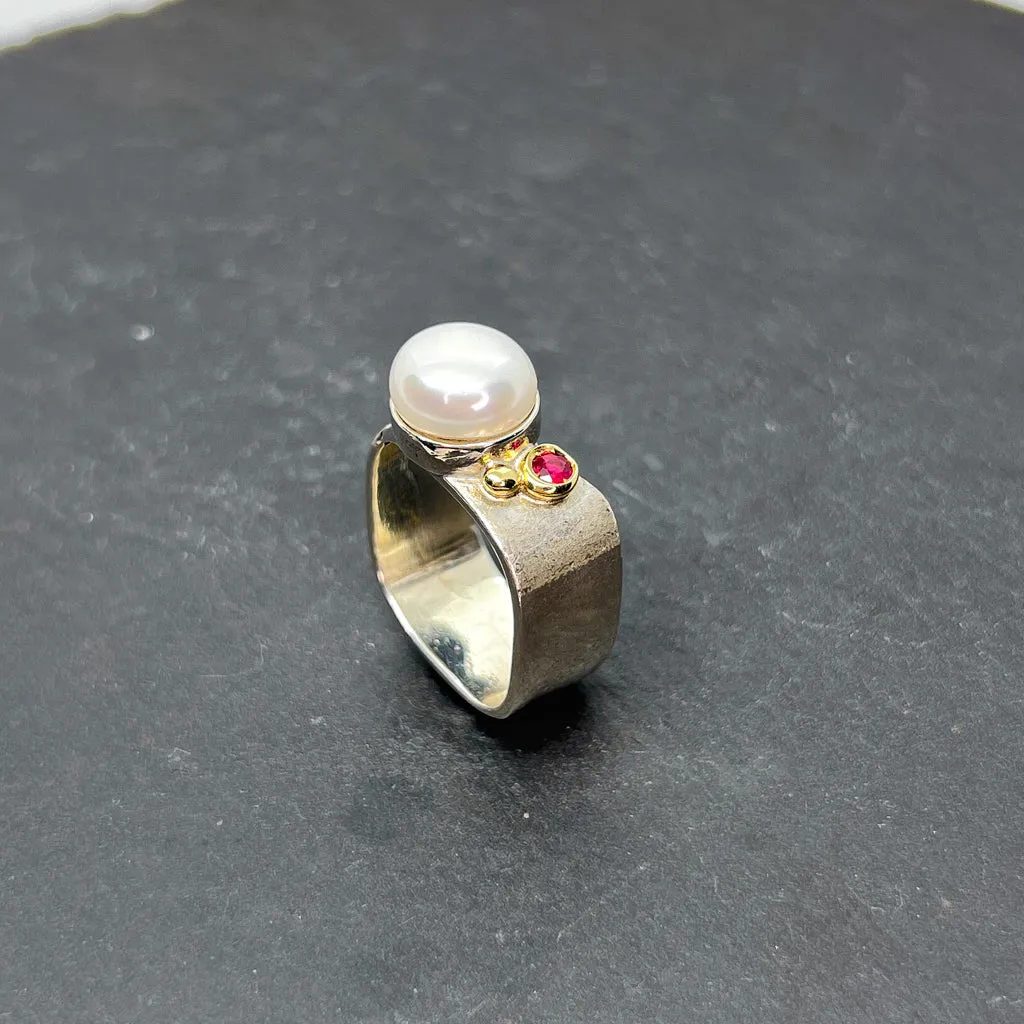 Mab Pearl & Ruby Wide Square Ring