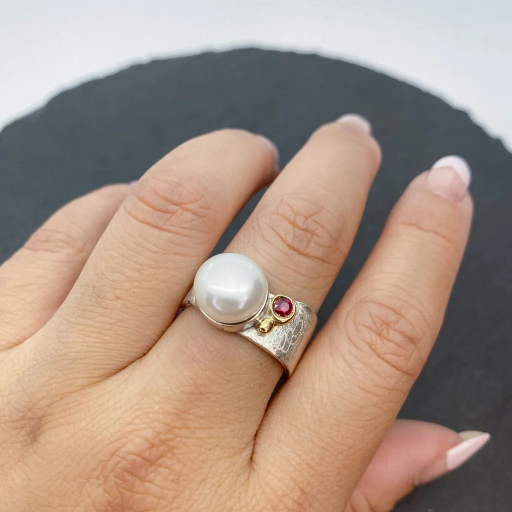 Mab Pearl & Ruby Wide Square Ring