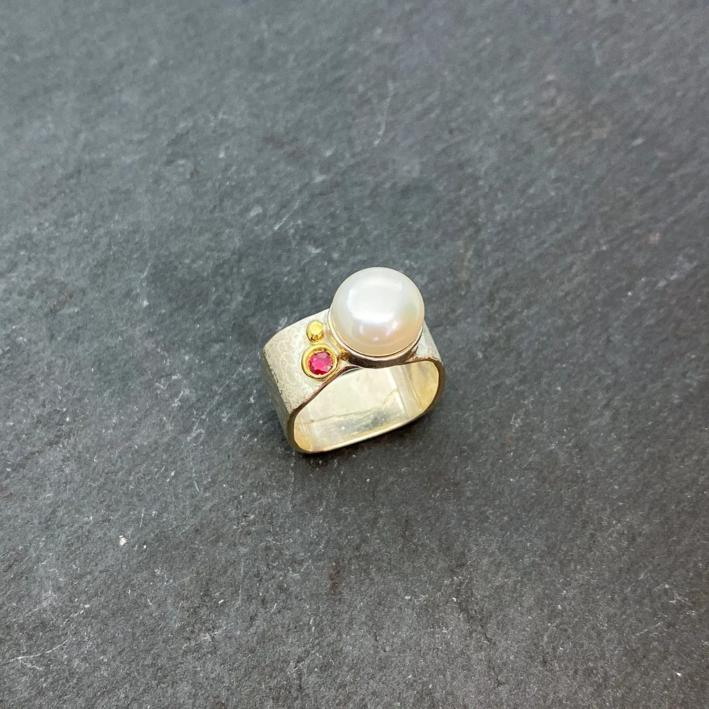 Mab Pearl & Ruby Wide Square Ring