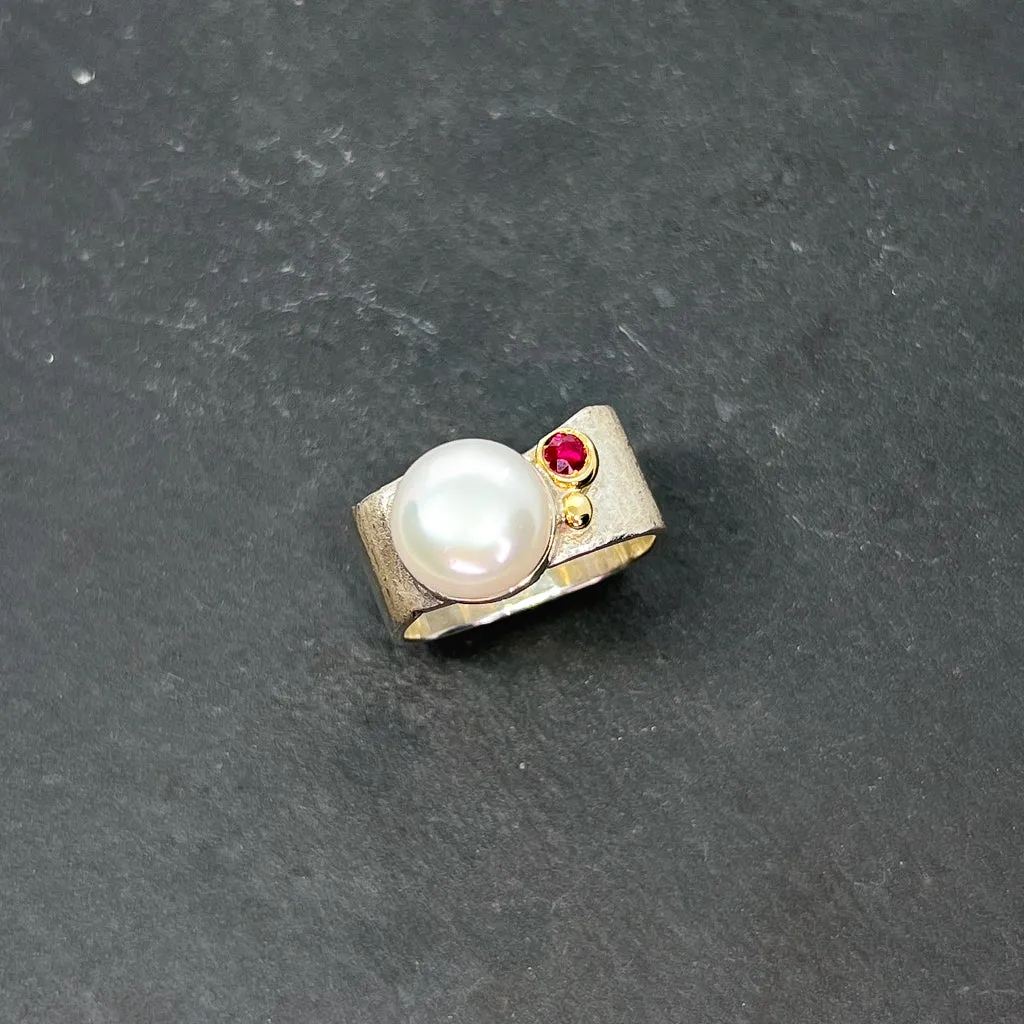 Mab Pearl & Ruby Wide Square Ring