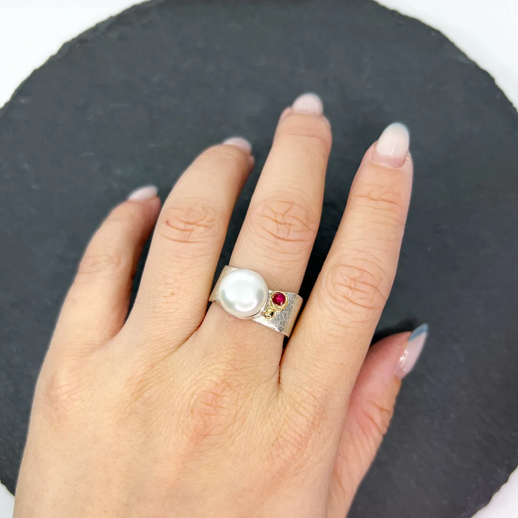 Mab Pearl & Ruby Wide Square Ring