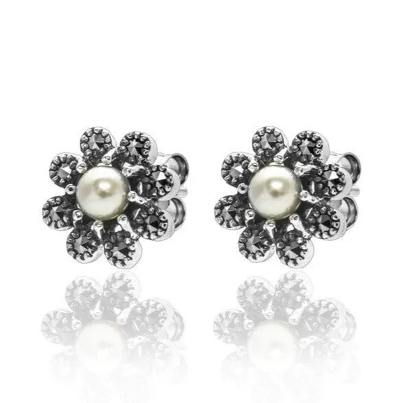 Marcasite & Pearl Flower Studs