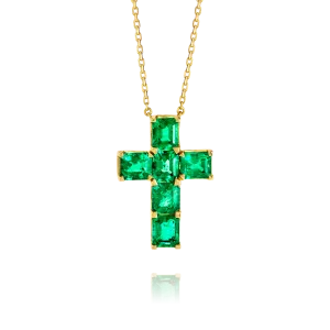 Medium Emerald Cut Green Emerald Cross Pendant White Gold