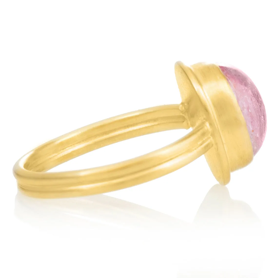 Monica Marcella Glowing Pink Topaz Oval Cabochon Ridged Gold Band Ring