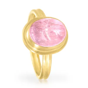 Monica Marcella Glowing Pink Topaz Oval Cabochon Ridged Gold Band Ring