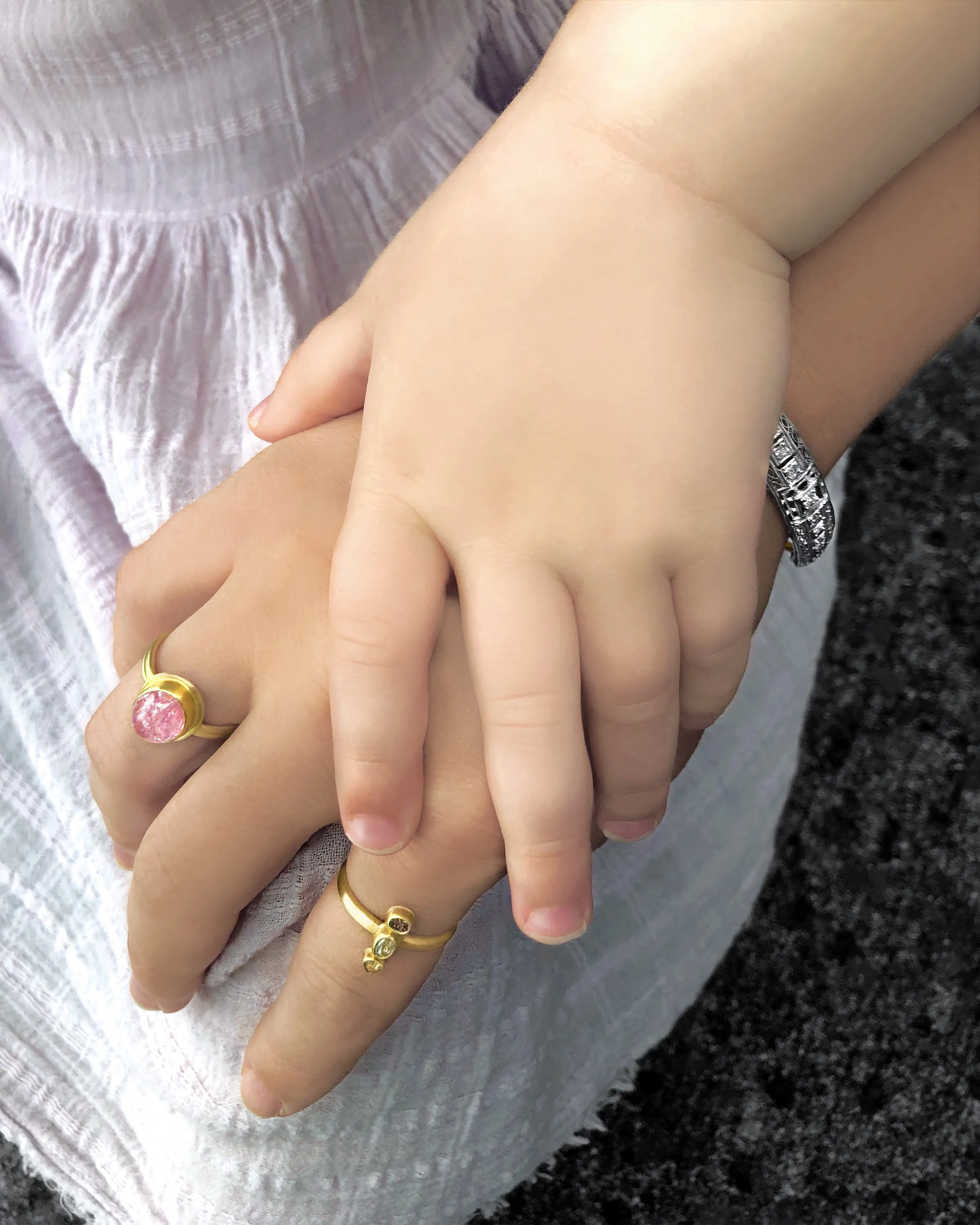 Monica Marcella Glowing Pink Topaz Oval Cabochon Ridged Gold Band Ring