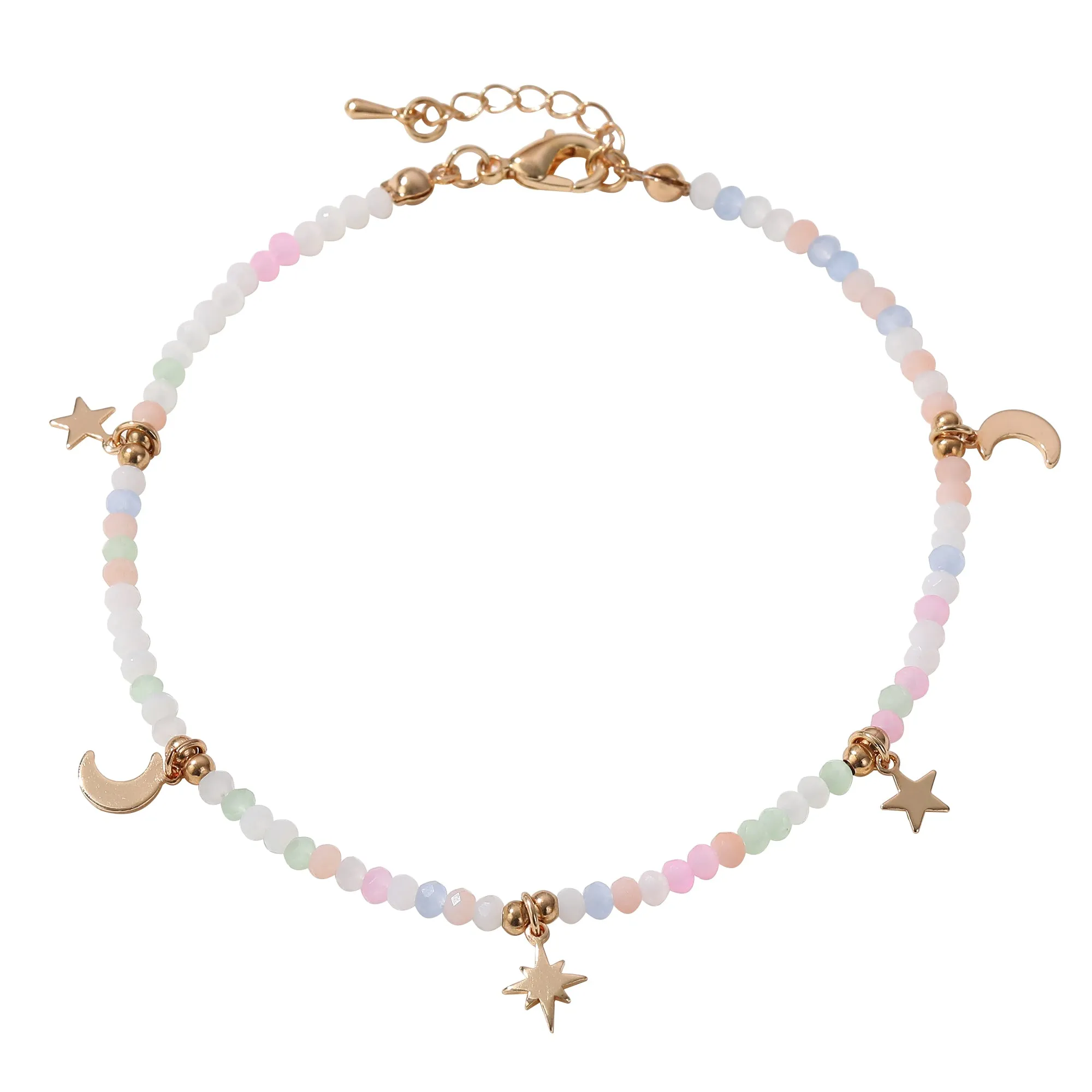 Multicolor Faceted Beads Anklet with Gold Moon & Stars - Elegant & Charming Jewelry for Women