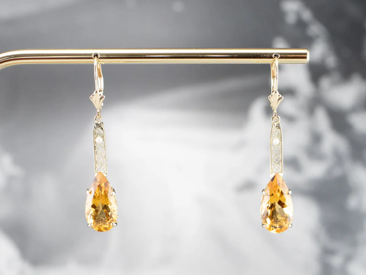 Pear Cut Citrine Gold Filigree Bar Drop Earrings