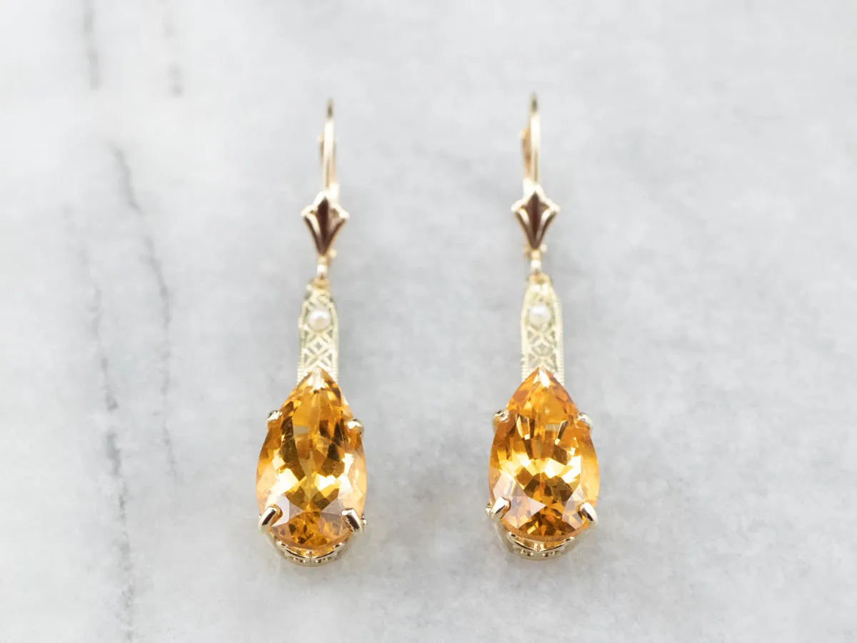 Pear Cut Citrine Gold Filigree Bar Drop Earrings