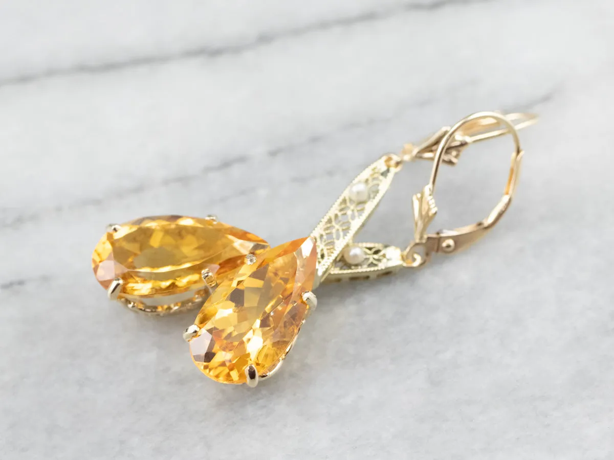 Pear Cut Citrine Gold Filigree Bar Drop Earrings