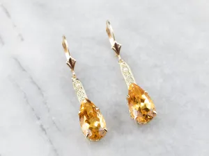 Pear Cut Citrine Gold Filigree Bar Drop Earrings