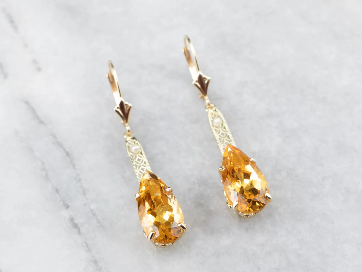 Pear Cut Citrine Gold Filigree Bar Drop Earrings