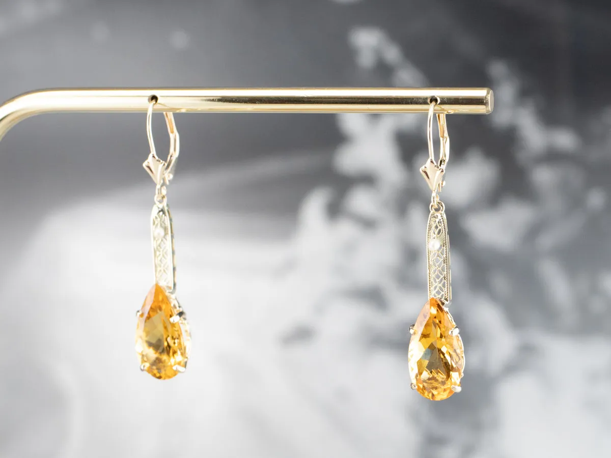 Pear Cut Citrine Gold Filigree Bar Drop Earrings