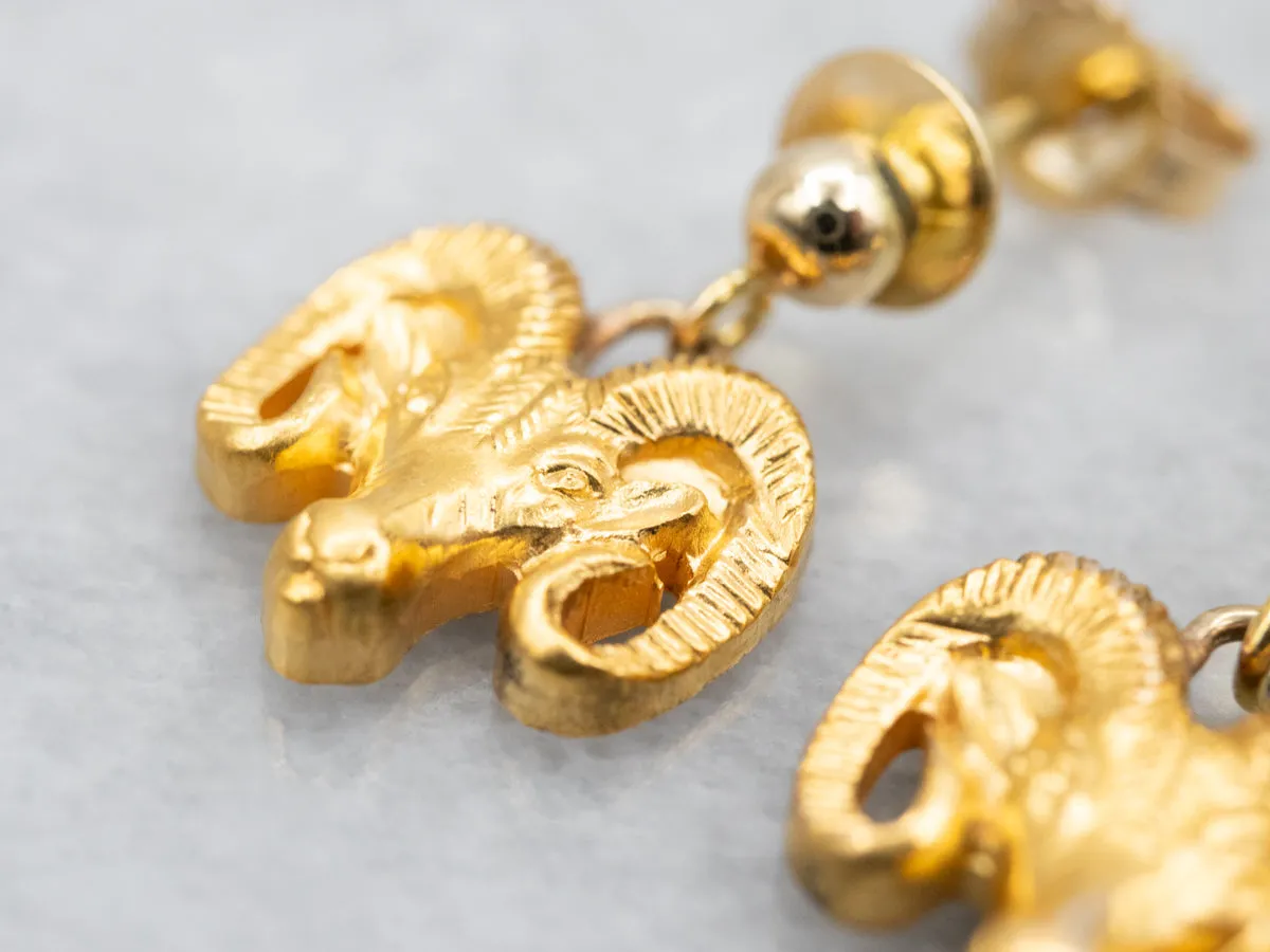 Polished Gold Ram Head Drop Earrings