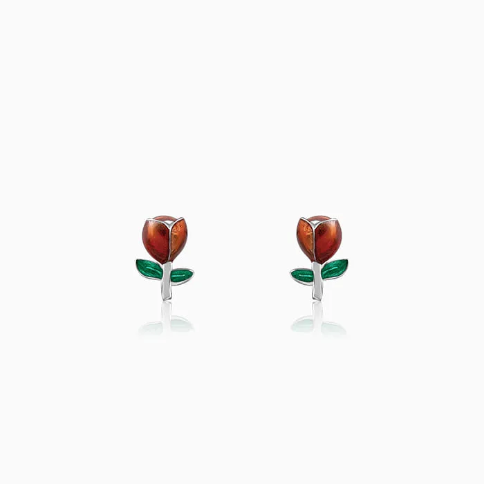 Silver Red Roses Earrings