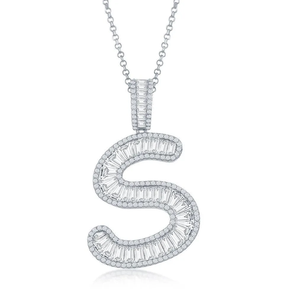 Sterling Silver S Initial Baguette CZ Pendant Chain