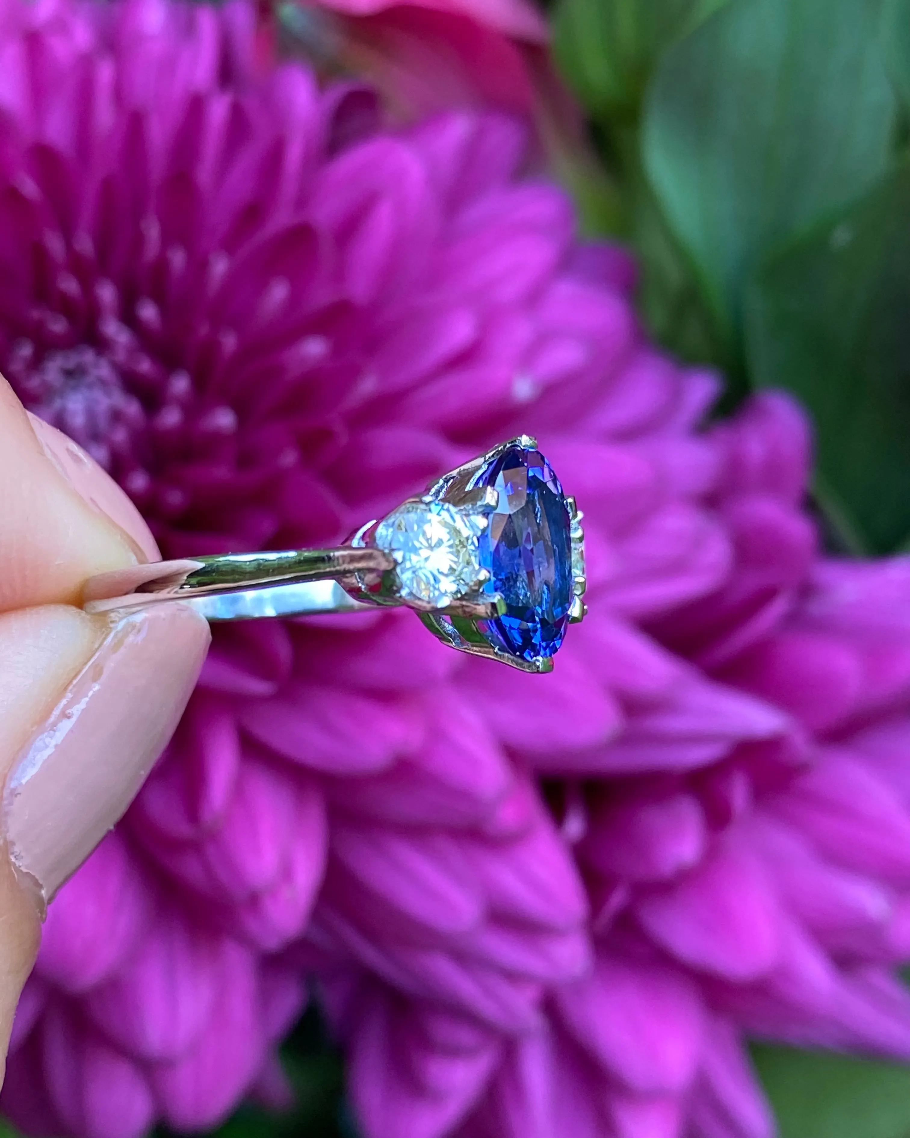 Tanzanite and Diamond Three Stone Platinum Ring 0.68ct Diamond   2.74ct