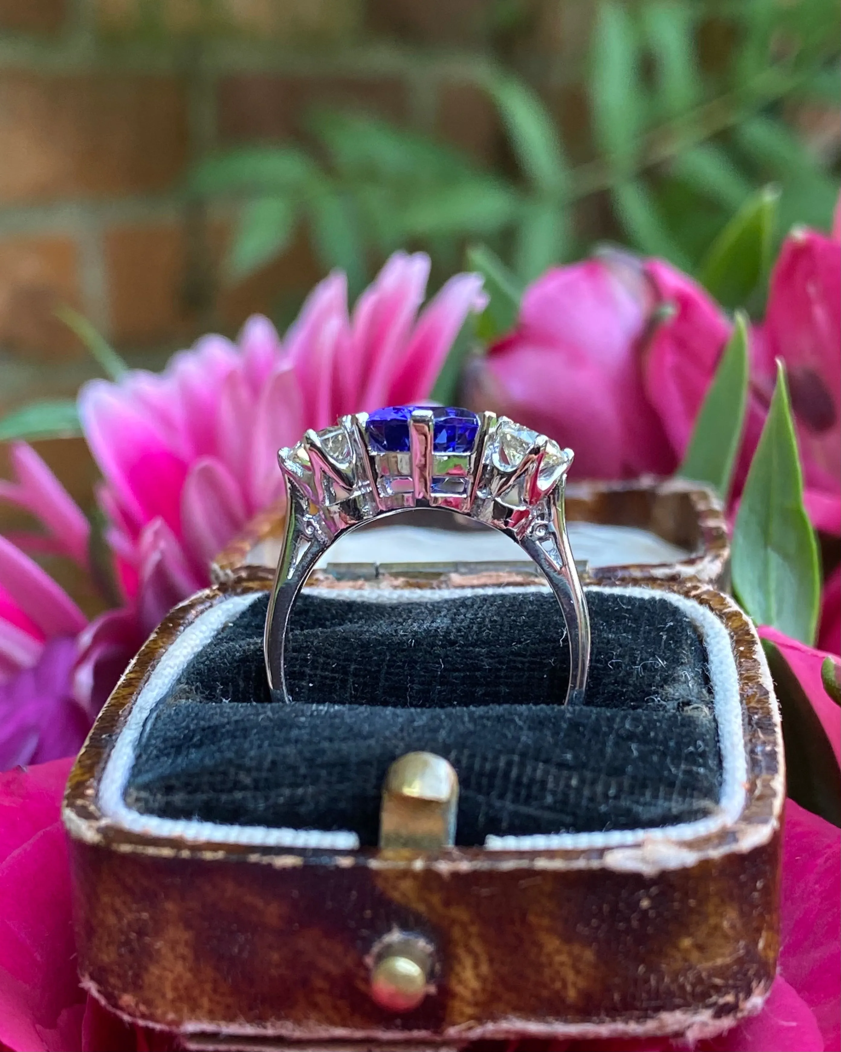 Tanzanite and Diamond Three Stone Platinum Ring 0.68ct Diamond   2.74ct