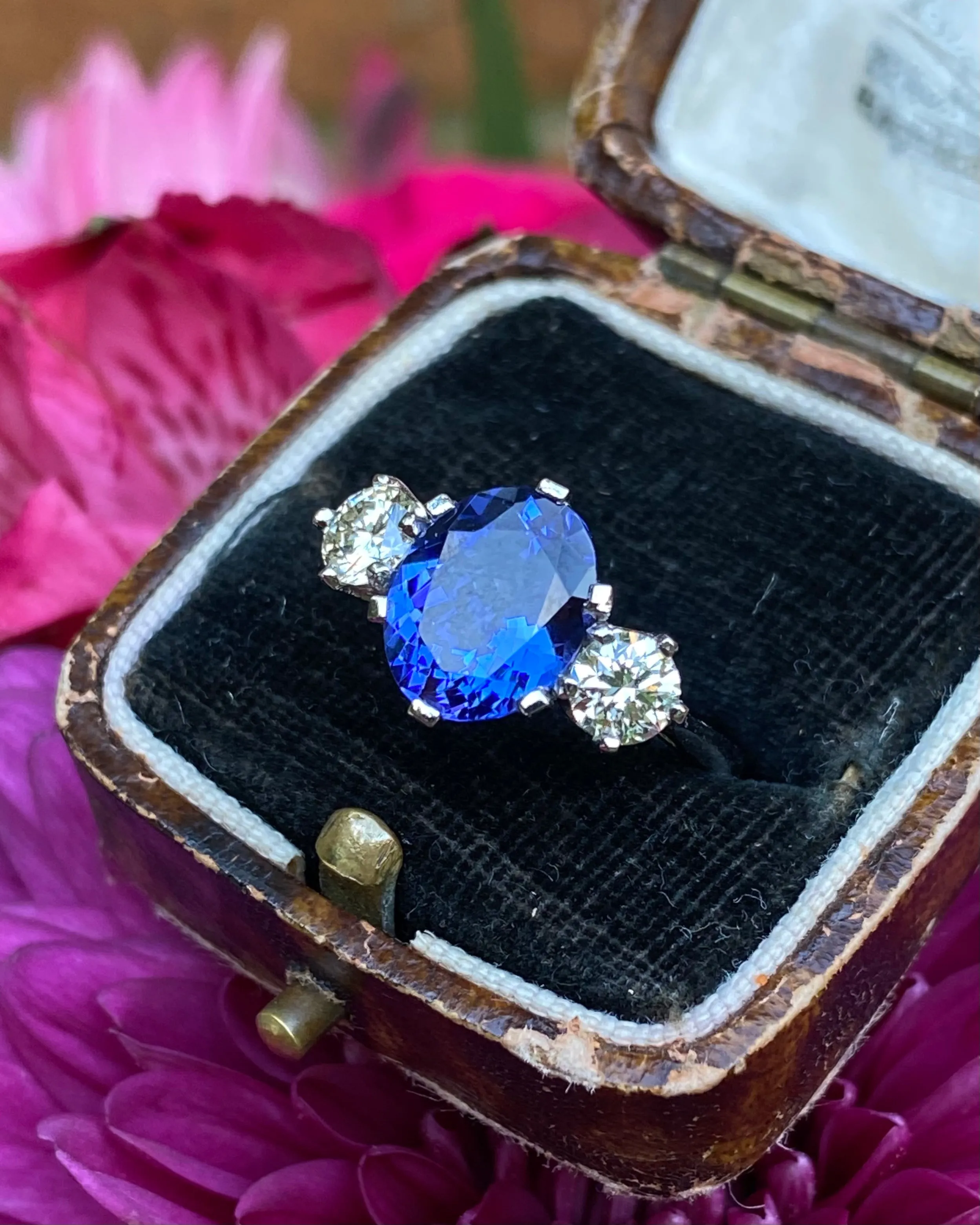 Tanzanite and Diamond Three Stone Platinum Ring 0.68ct Diamond   2.74ct