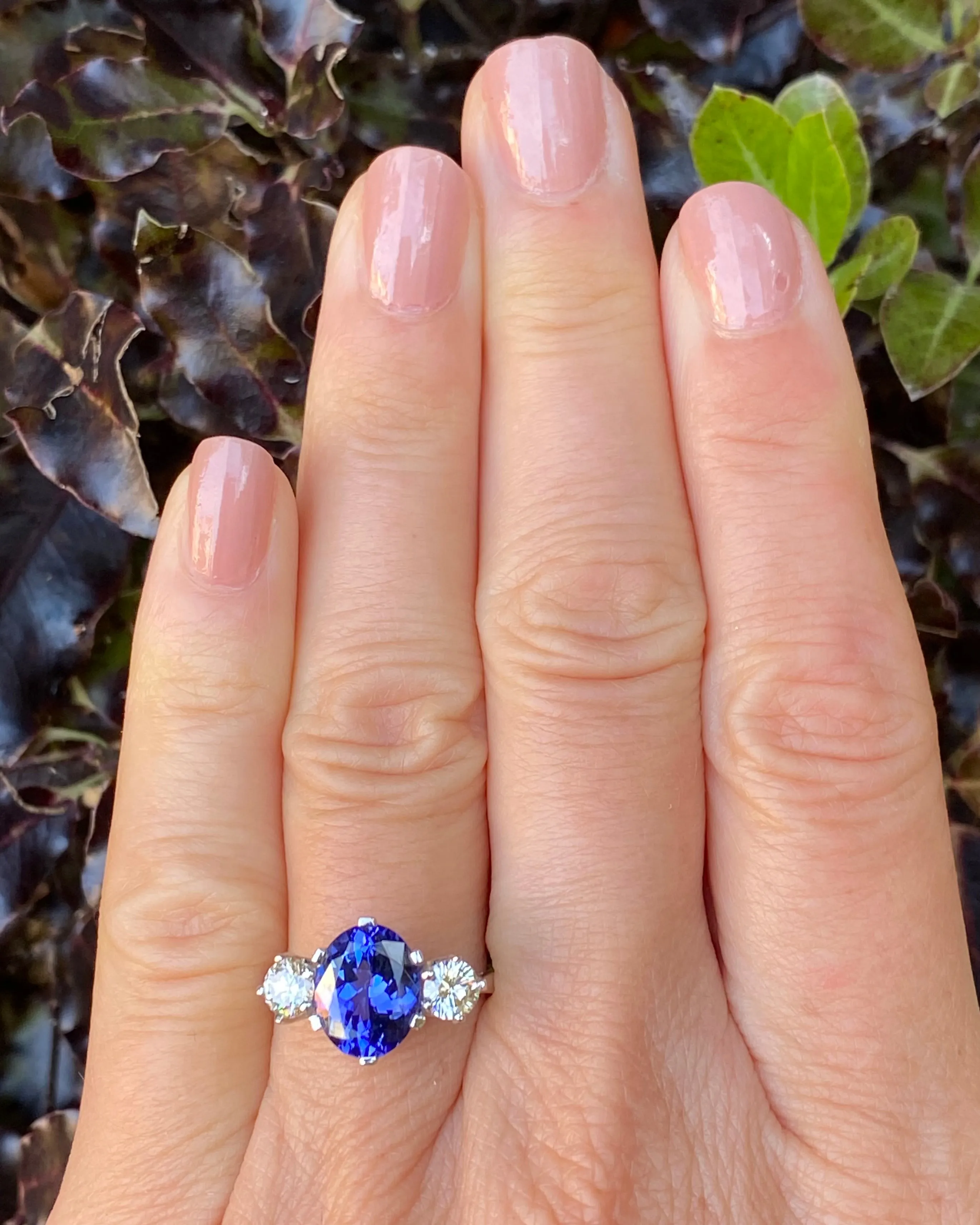 Tanzanite and Diamond Three Stone Platinum Ring 0.68ct Diamond   2.74ct