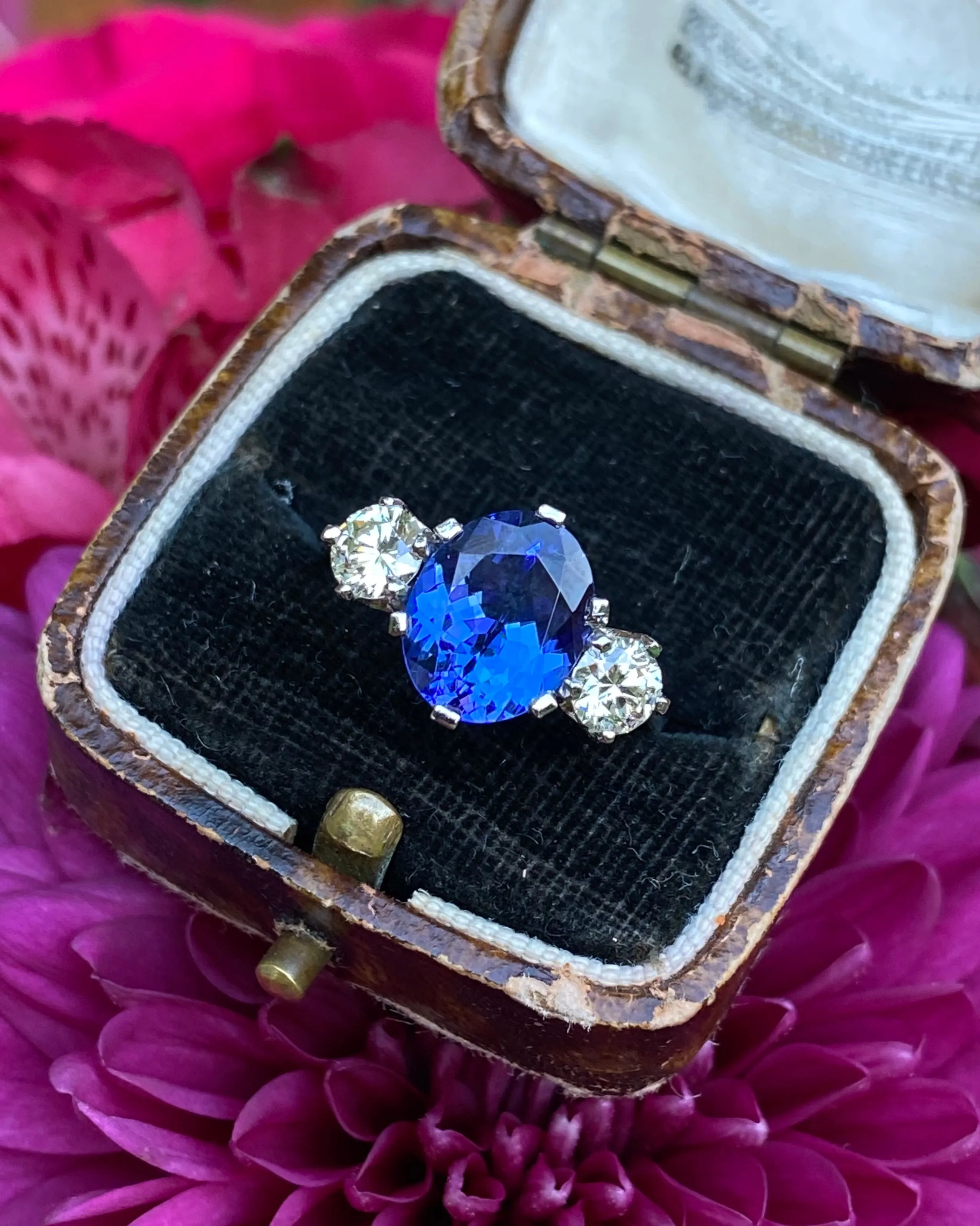 Tanzanite and Diamond Three Stone Platinum Ring 0.68ct Diamond   2.74ct