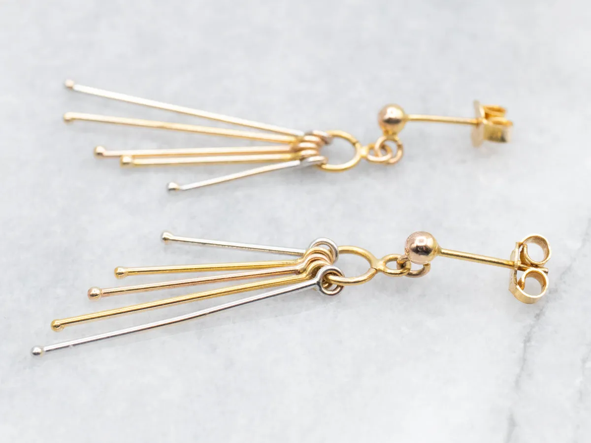 Tri Color Yellow, White, and Rose Gold Bar Tassel Drop Earrings