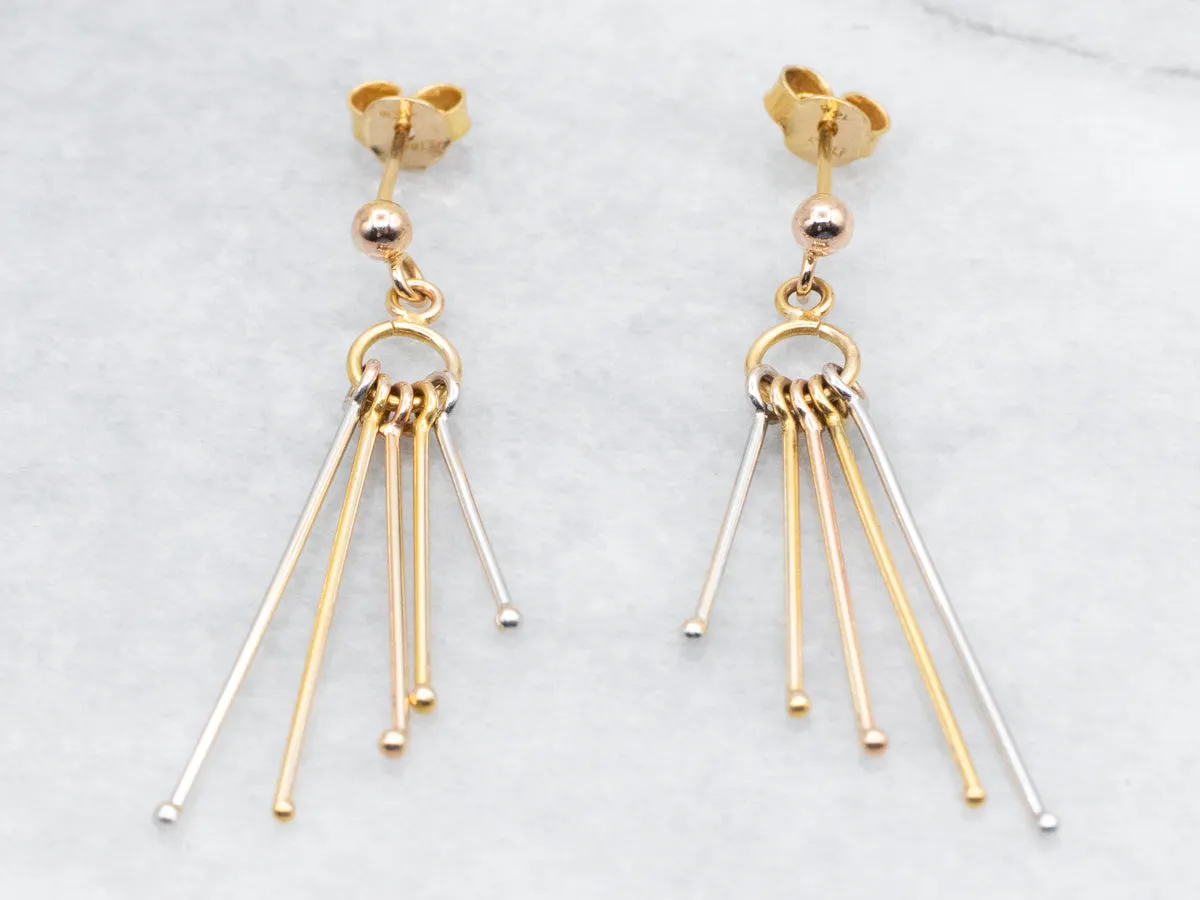 Tri Color Yellow, White, and Rose Gold Bar Tassel Drop Earrings