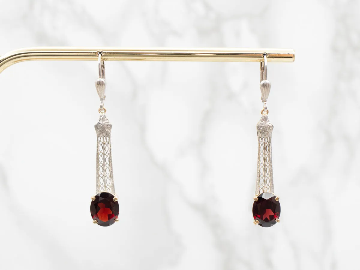 Two Tone Garnet Filigree Drop Earrings