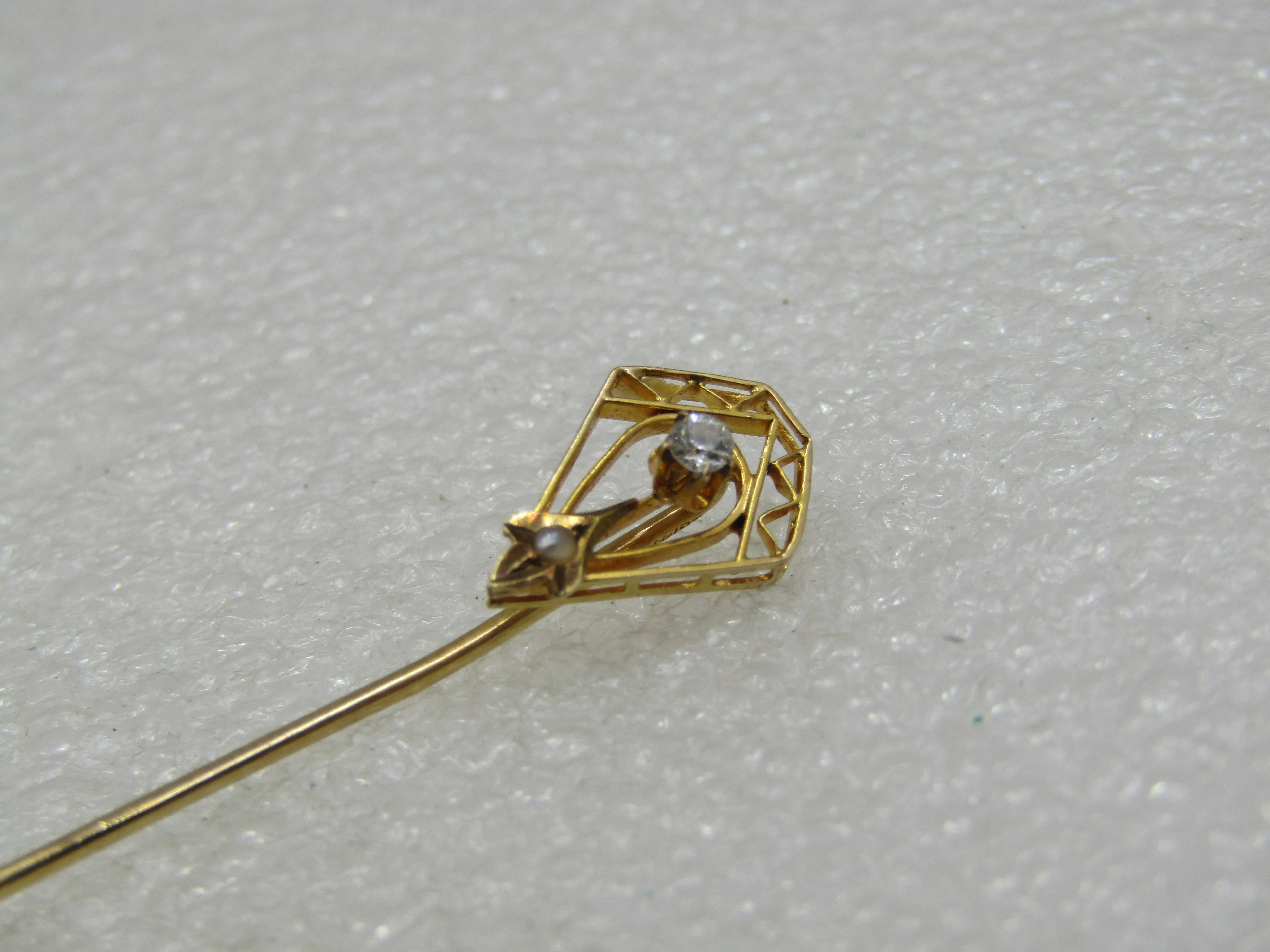 Victorian 14kt Diamond Pearl Stick Pin, 2.5", .08 CTW