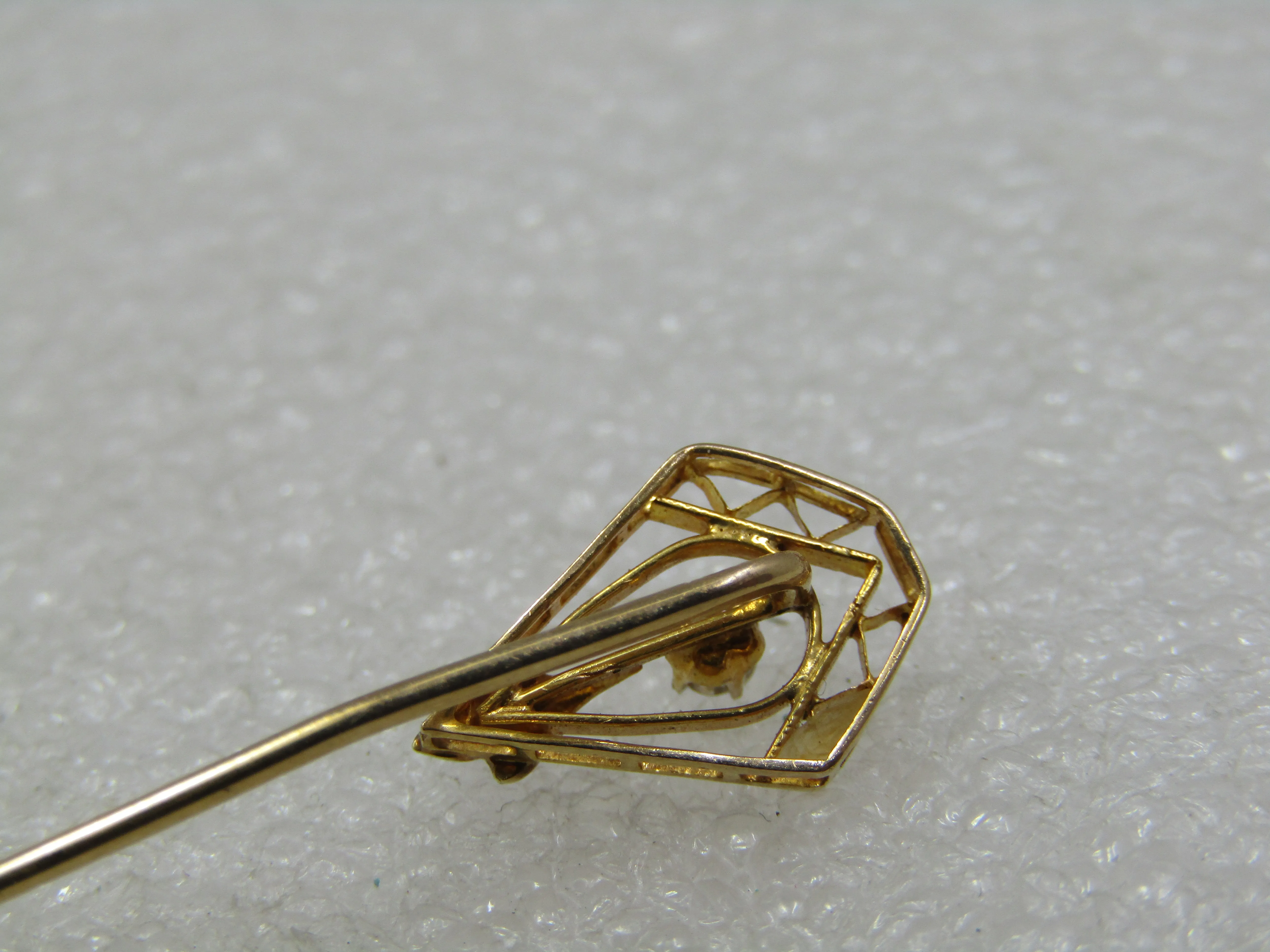 Victorian 14kt Diamond Pearl Stick Pin, 2.5", .08 CTW