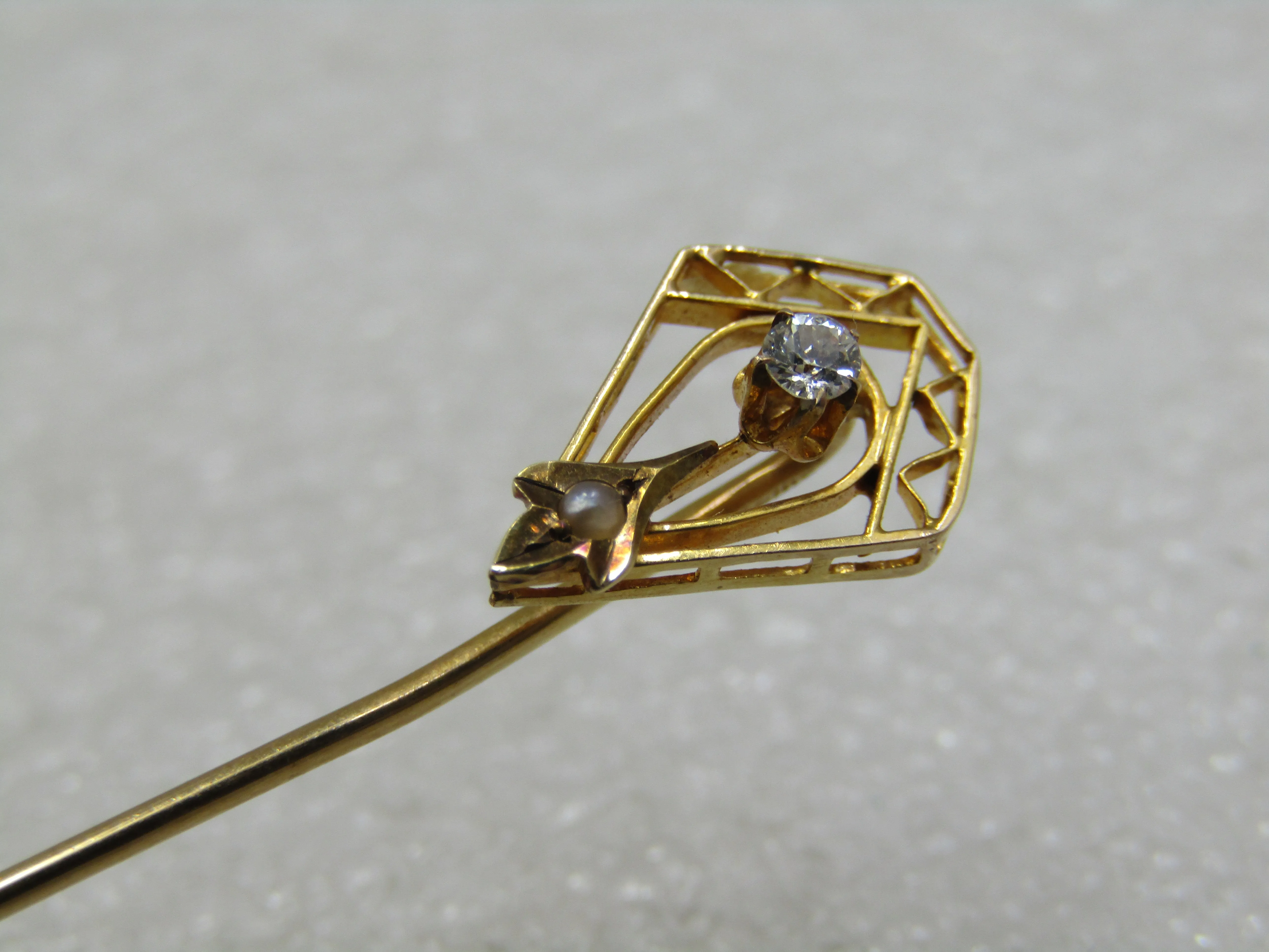 Victorian 14kt Diamond Pearl Stick Pin, 2.5", .08 CTW