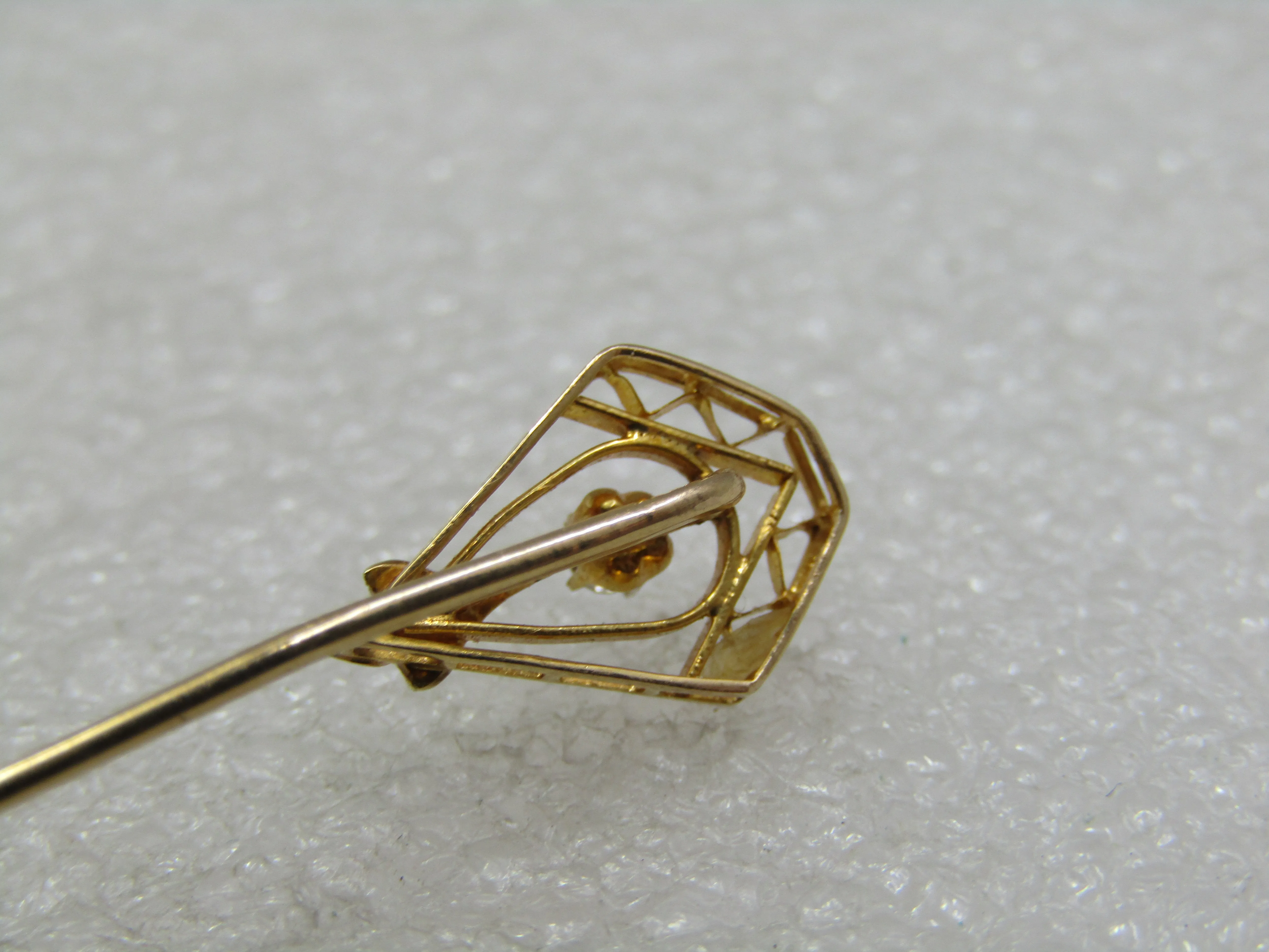 Victorian 14kt Diamond Pearl Stick Pin, 2.5", .08 CTW