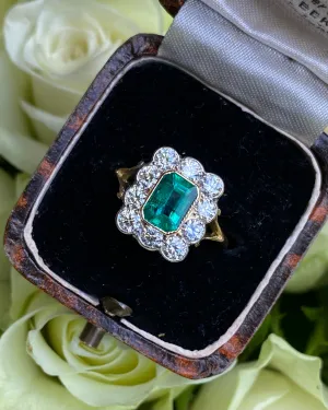 Victorian Emerald and Diamond Cluster Ring 18ct Yellow Gold 0.90ct   1.0ct