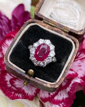 Victorian Style Ruby and Diamond Cluster Platinum Ring 1.35ct   3.90ct