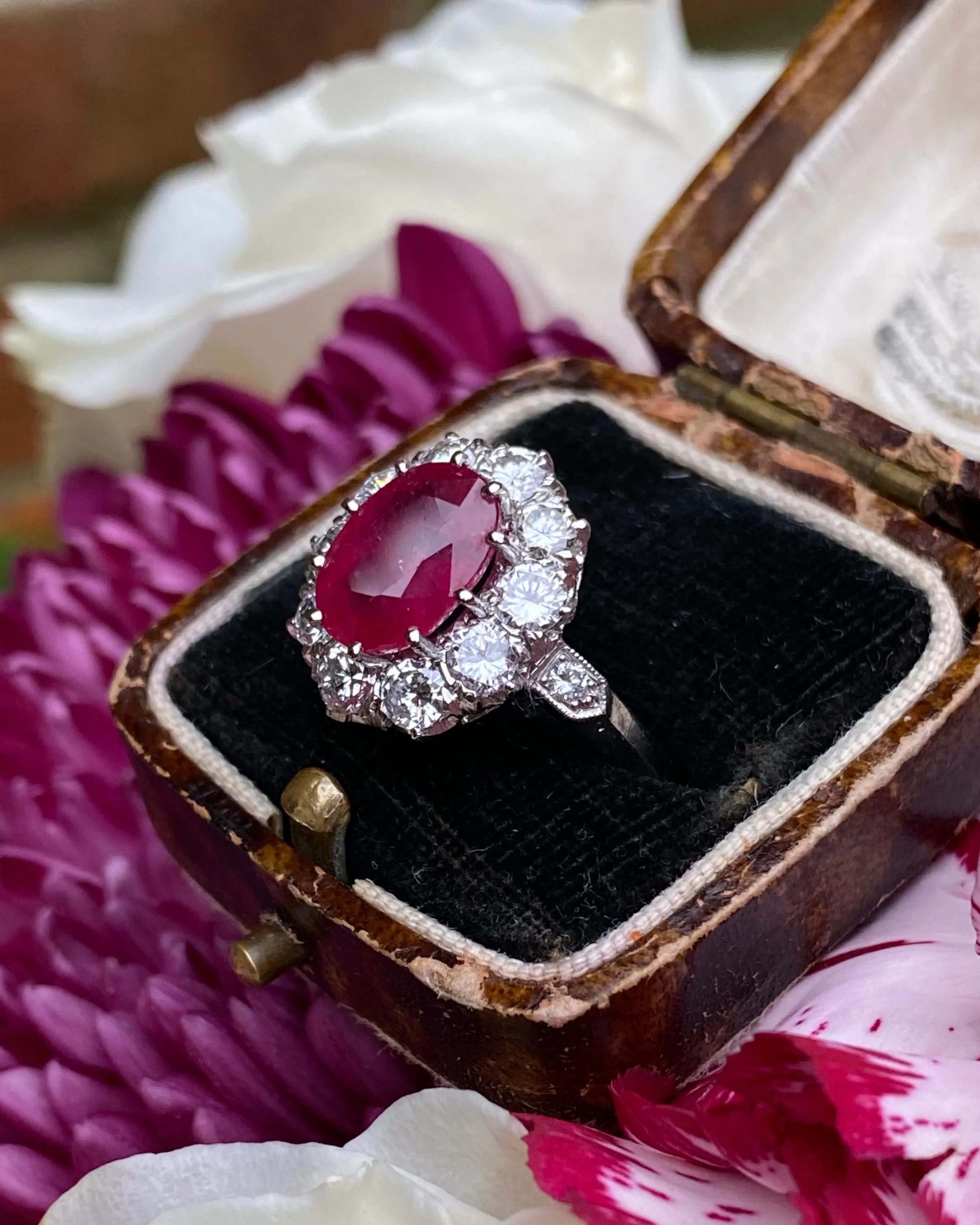 Victorian Style Ruby and Diamond Cluster Platinum Ring 1.35ct   3.90ct