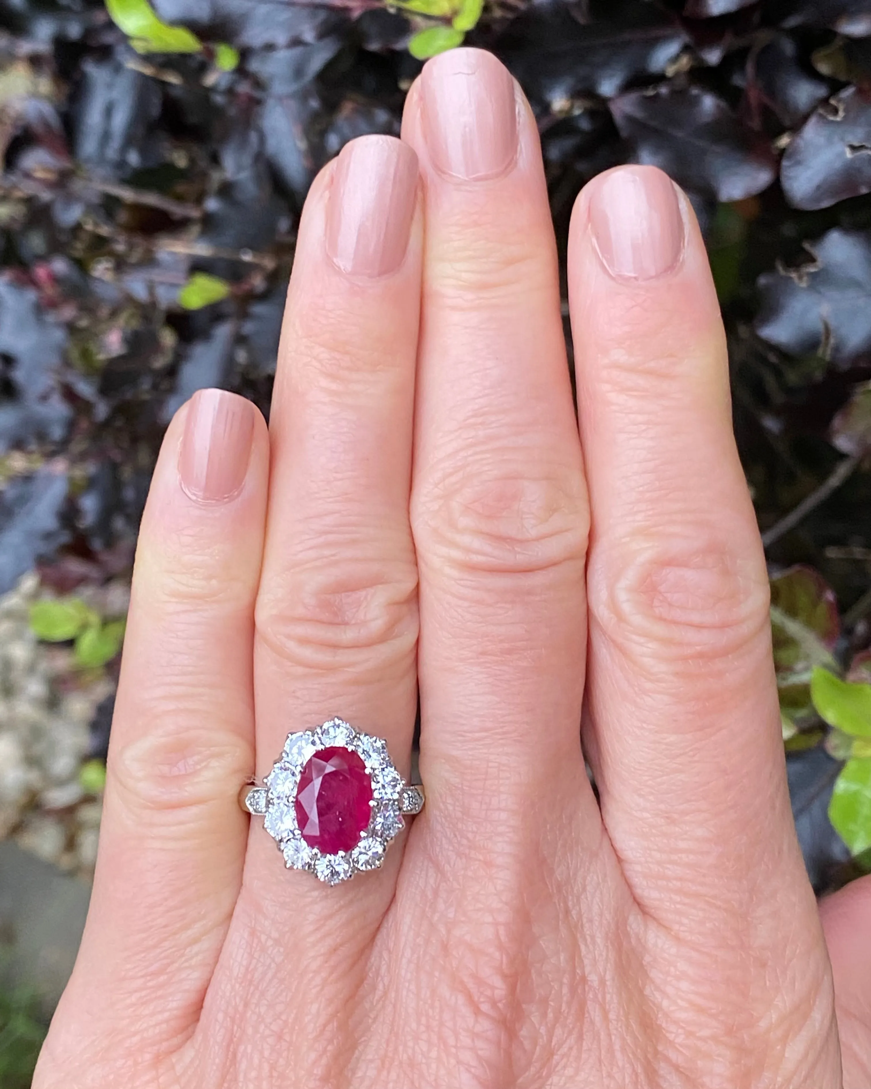 Victorian Style Ruby and Diamond Cluster Platinum Ring 1.35ct   3.90ct