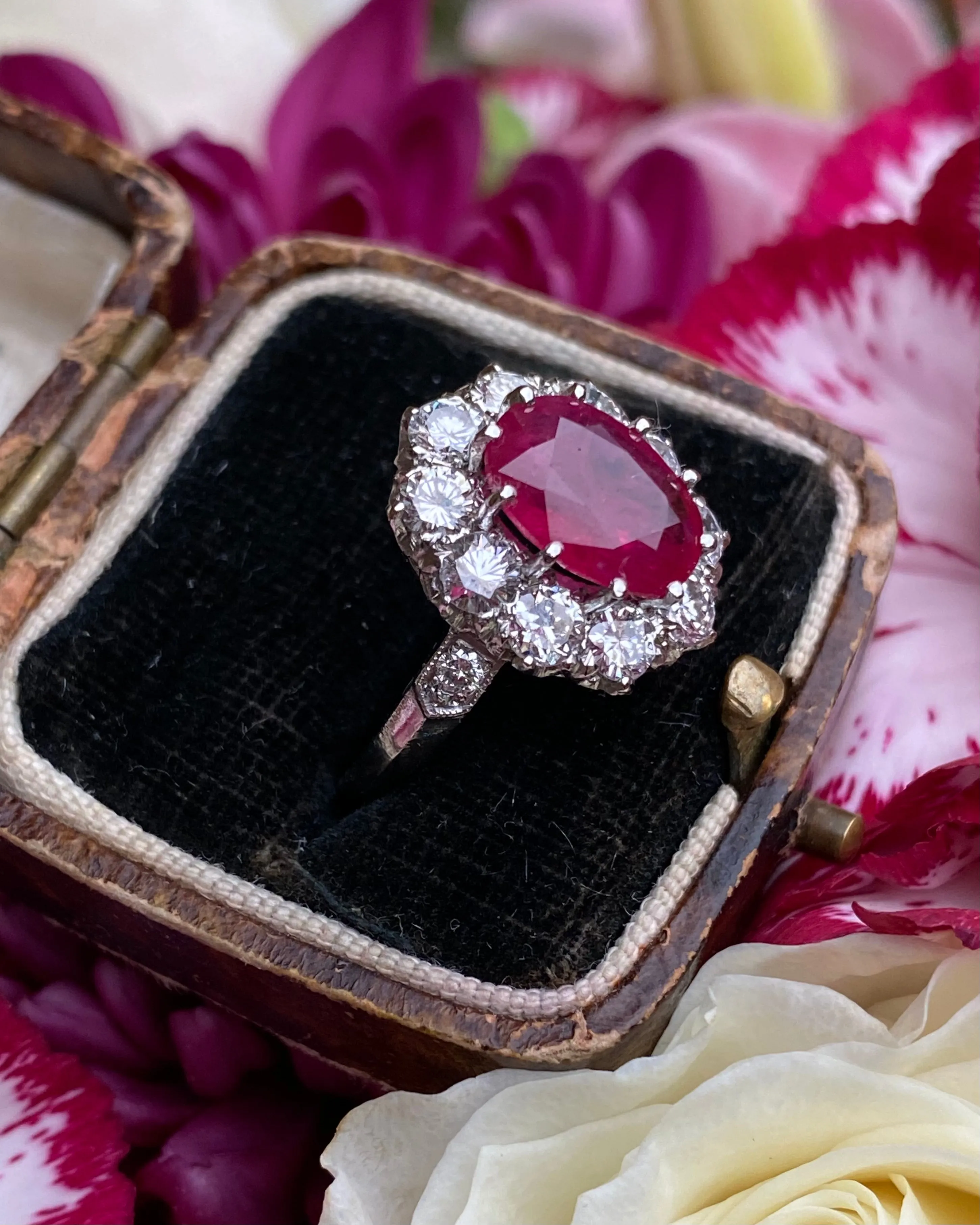 Victorian Style Ruby and Diamond Cluster Platinum Ring 1.35ct   3.90ct
