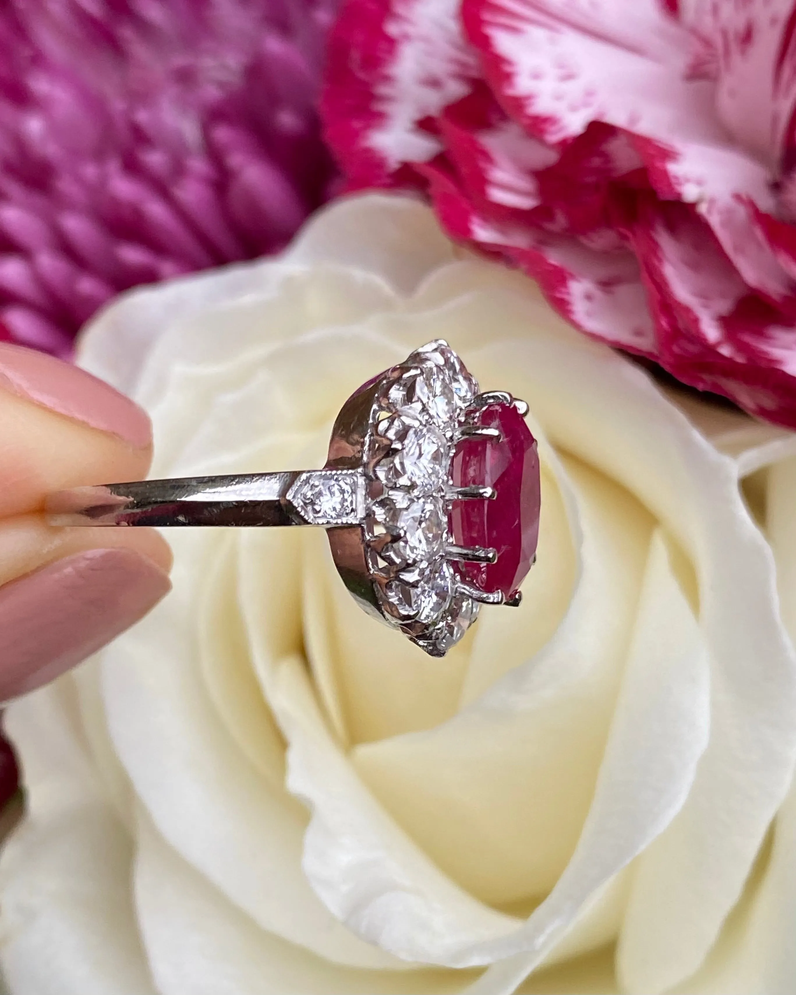 Victorian Style Ruby and Diamond Cluster Platinum Ring 1.35ct   3.90ct