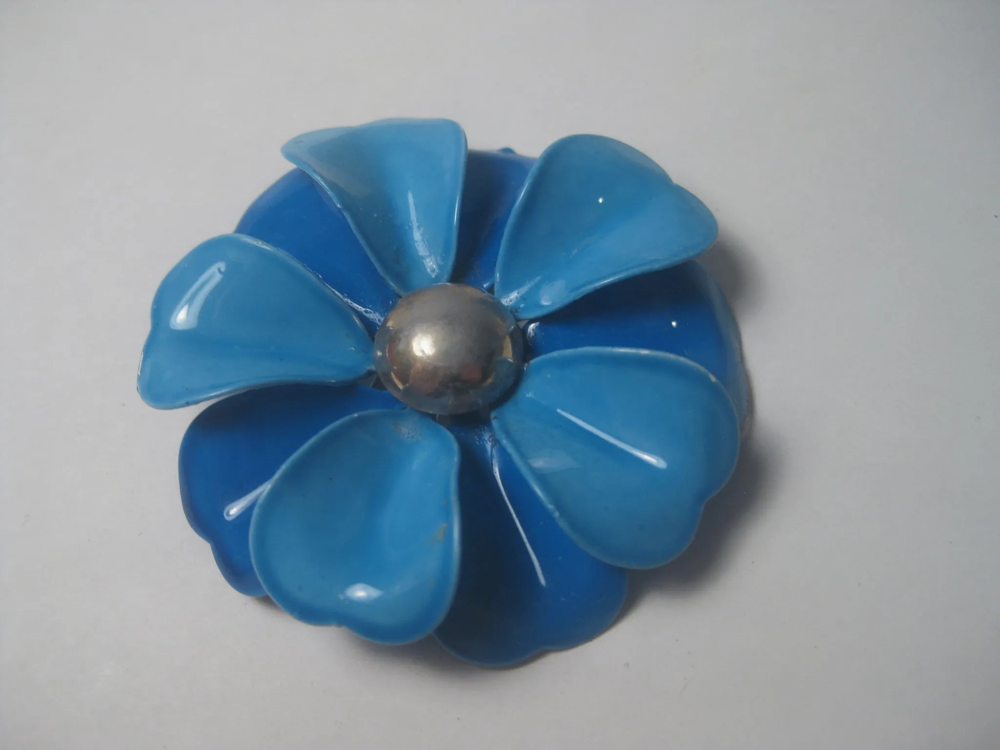 Vintage 1960's Two-Tone Blue Enameled Large Floral Brooch, 2.25", Boho, Hippie Style