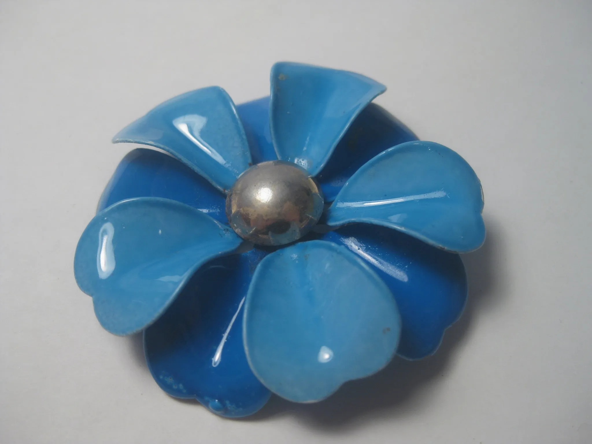 Vintage 1960's Two-Tone Blue Enameled Large Floral Brooch, 2.25", Boho, Hippie Style