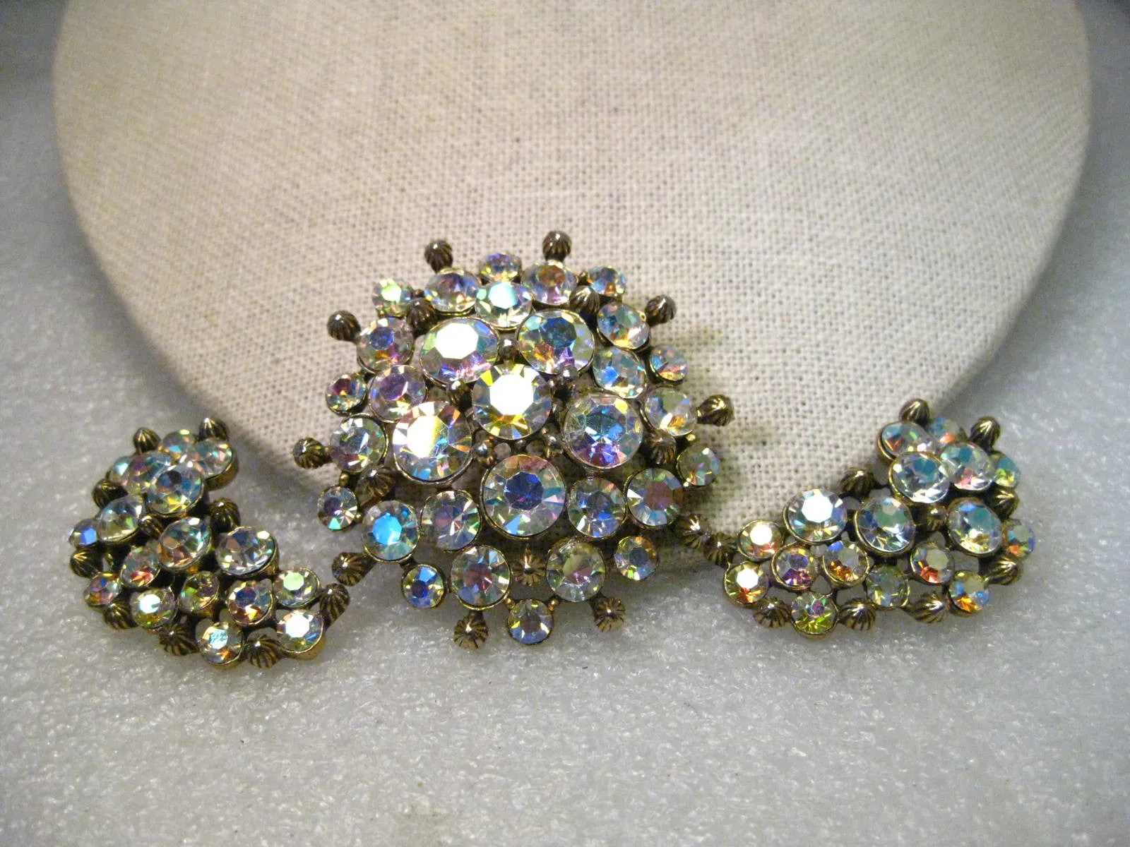Vintage Aurora Borealis Rhinestone Brooch & Clip Earrings set, signed Claudette, Gold Tone, 1940-1950's