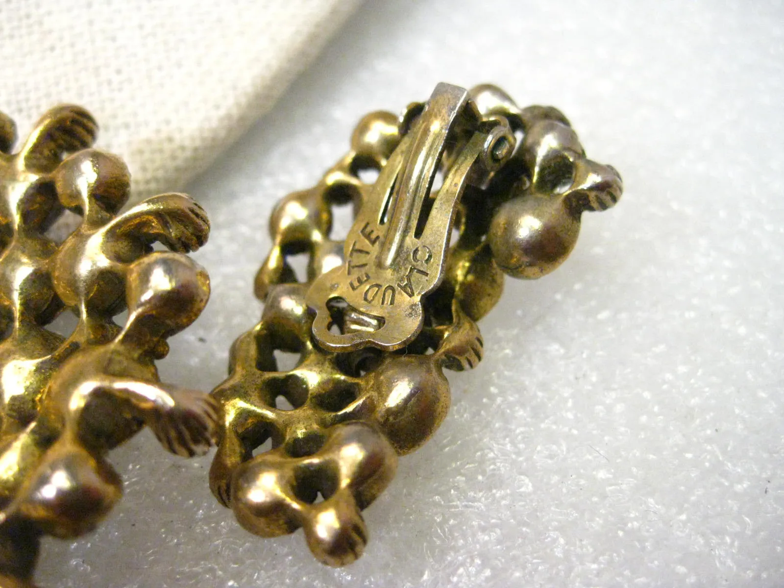 Vintage Aurora Borealis Rhinestone Brooch & Clip Earrings set, signed Claudette, Gold Tone, 1940-1950's