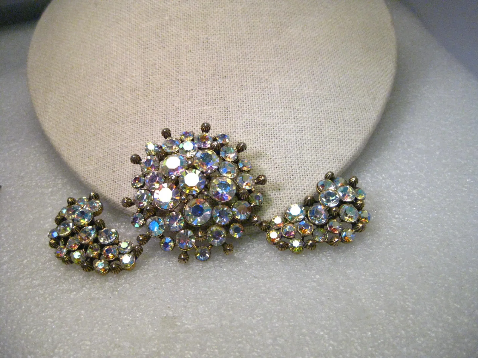 Vintage Aurora Borealis Rhinestone Brooch & Clip Earrings set, signed Claudette, Gold Tone, 1940-1950's