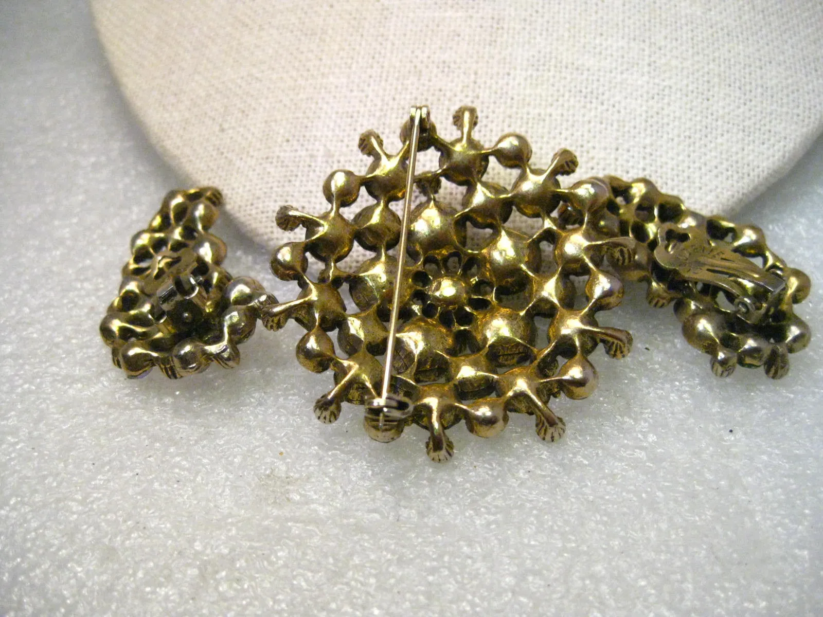 Vintage Aurora Borealis Rhinestone Brooch & Clip Earrings set, signed Claudette, Gold Tone, 1940-1950's