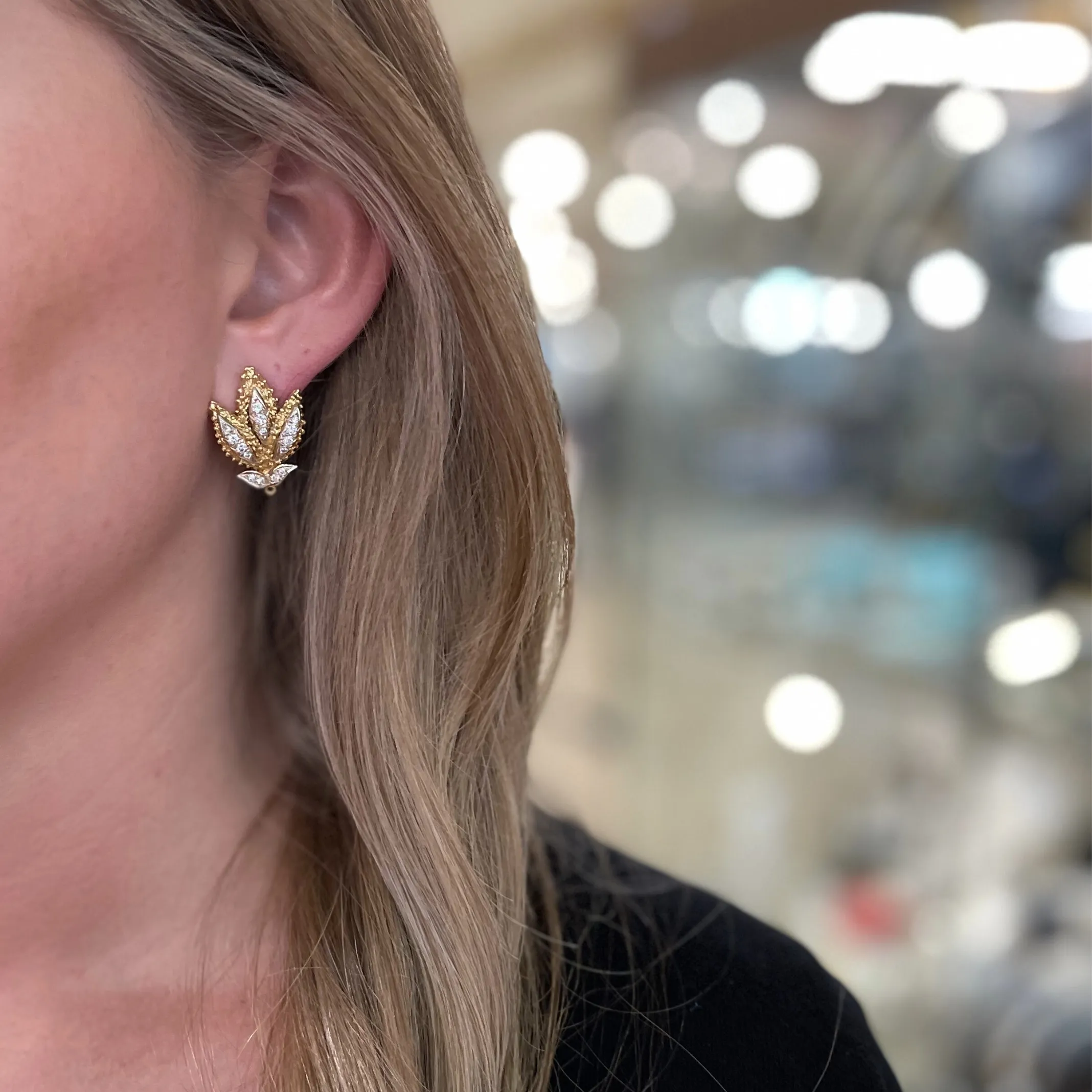 Vintage 'Birks' Diamond 2-Toned 18K Gold Earring with Removable Enhancer